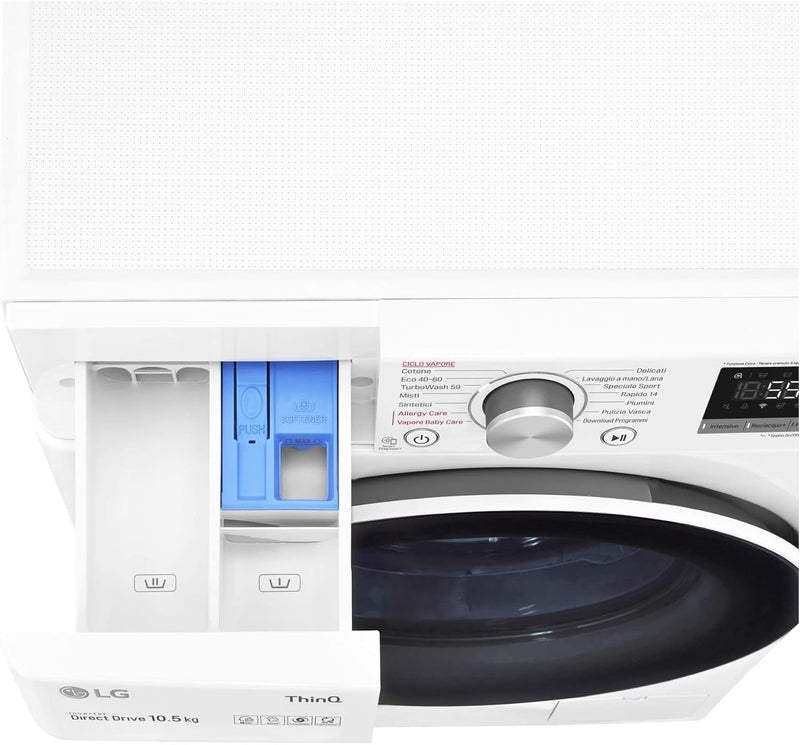Lavadora LG  de carga frontal de 10,5 kg, 1400 rpm, WiFi, inteligencia artificial AI DD, vapor higienizante, Turbo Wash, motor Inverter Direct Drive, 60 x 85 x 56,5 cm, [Clase de eficiencia energética B]